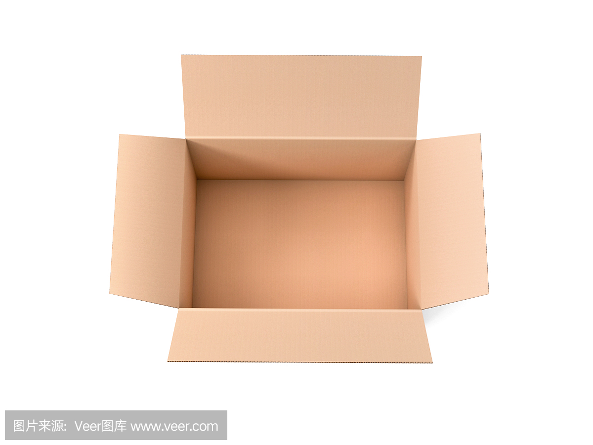 打开棕色瓦楞纸箱。大的运输包装。空的容器。孤立的3d渲染图